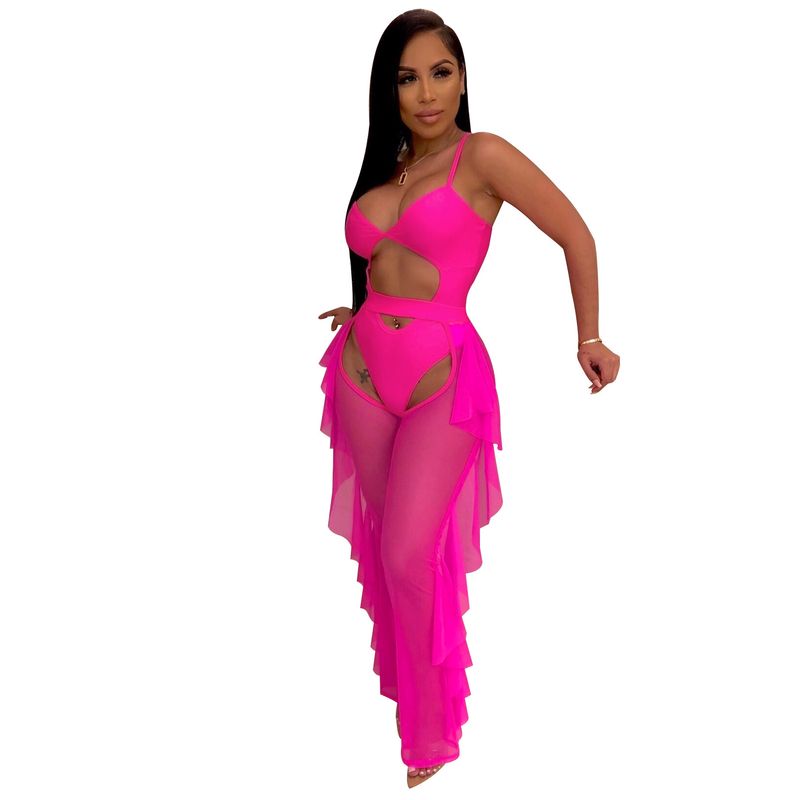 Vêtements pour femmes, maillot de bain de couleur unie, ensemble deux pièces en gaze en maille_voghion.com