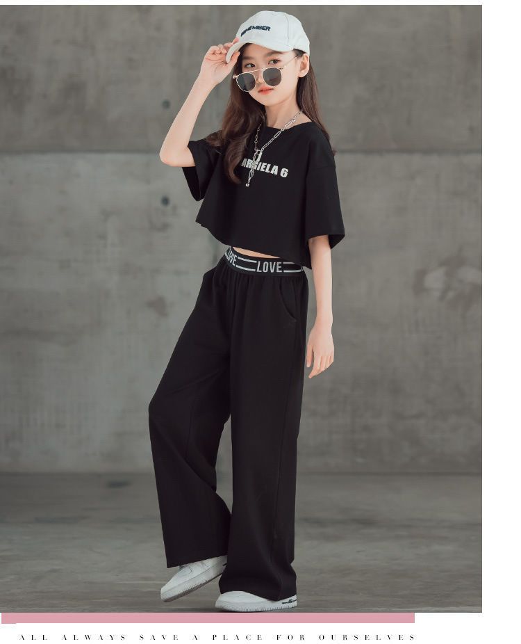 Girls' 2023 summer new item, Zhongda stylish Korean version, children's short sleeved top, wide leg pants two-piece set_voghion.com