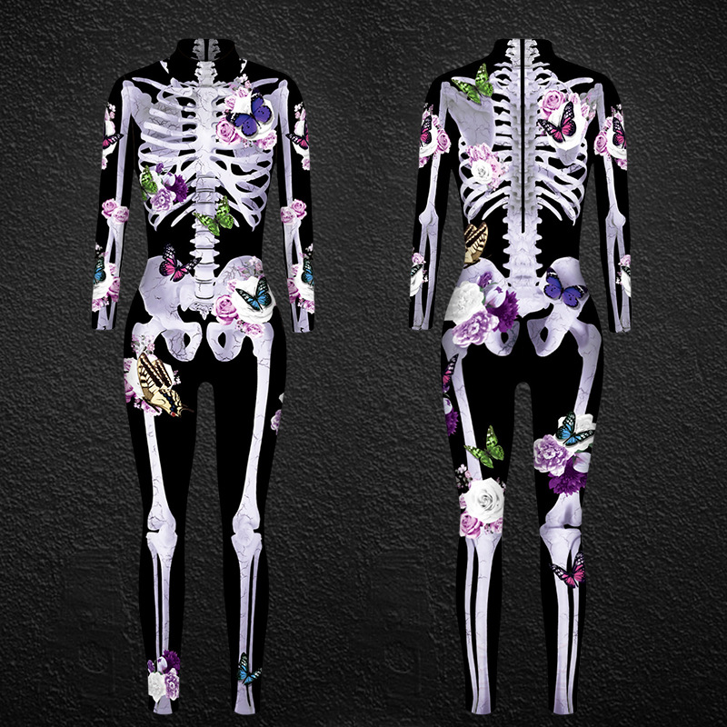 Ženska oblačila za noč čarovnic, ženski oprijeti kombinezon s potiskom človeškega okostja_voghion.com