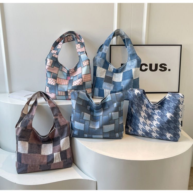 Ženska torba iz blaga, trendovska dvobarvna jeans torba, velika prostornina, priložnostna prenosna torba čez ramo_voghion.com