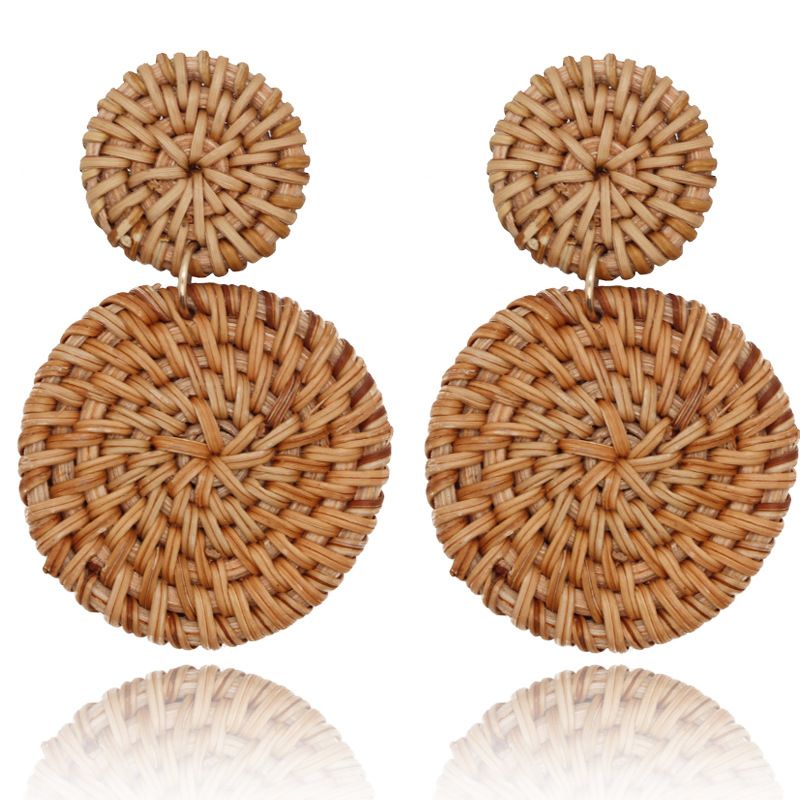 Set di orecchini in rattan intrecciato a mano con doppio giro, stile moda_voghion.com