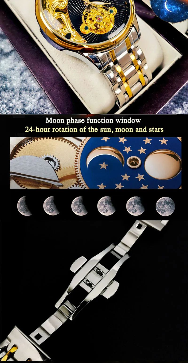 AOKULASIC Orologio da uomo in oro con scheletro, retro, fasi lunari, tourbillon, orologi meccanici automatici di lusso, cinturino in acciaio inossidabile luminoso_voghion.com