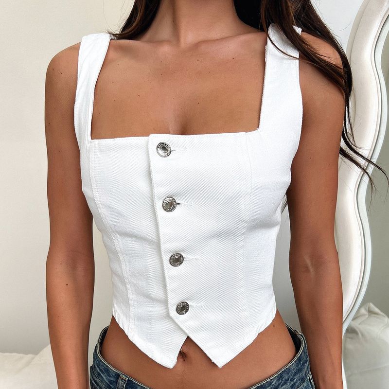 Abbigliamento da donna, nuovo gilet in denim tinta unita con bottoni, bretelle alla moda, top corti, saldi caldi in primavera e in estate_voghion.com