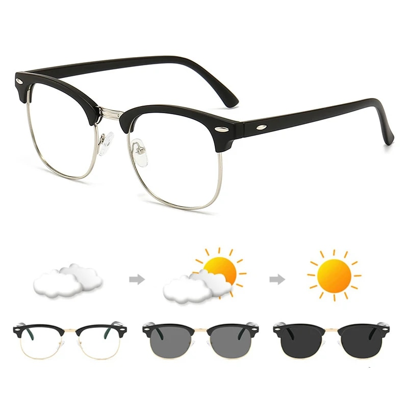 Moda Classica Mezza Montatura Occhiali da Sole Fotocromatici Uomo Donna Retro Rivetto Camaleonte Occhiali da Sole Moda Maschile Cambia Colore Guida_voghion.com