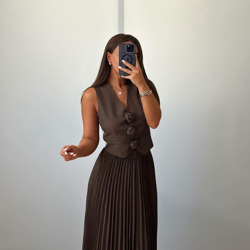 Damenbekleidung, neue Anzüge für Damen, Sommer, ärmellose Weste, halblanger, plissierter langer Rock, zweiteiliger Anzug_voghion.com