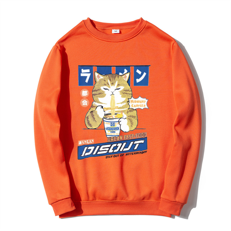 Herbst und Winter Neuer Katzen-Cartoon-Print-Rundhalspullover für Männer und Frauen mit weißem Boden, lässigem Fleece_voghion.com