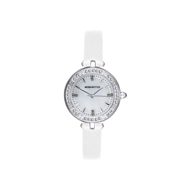 Fashion Diamond-Studded Women's Watch Light Luxury Mother-of-Pearl Round Dial Leather Strap Waterproof High-End Feel_voghion.com