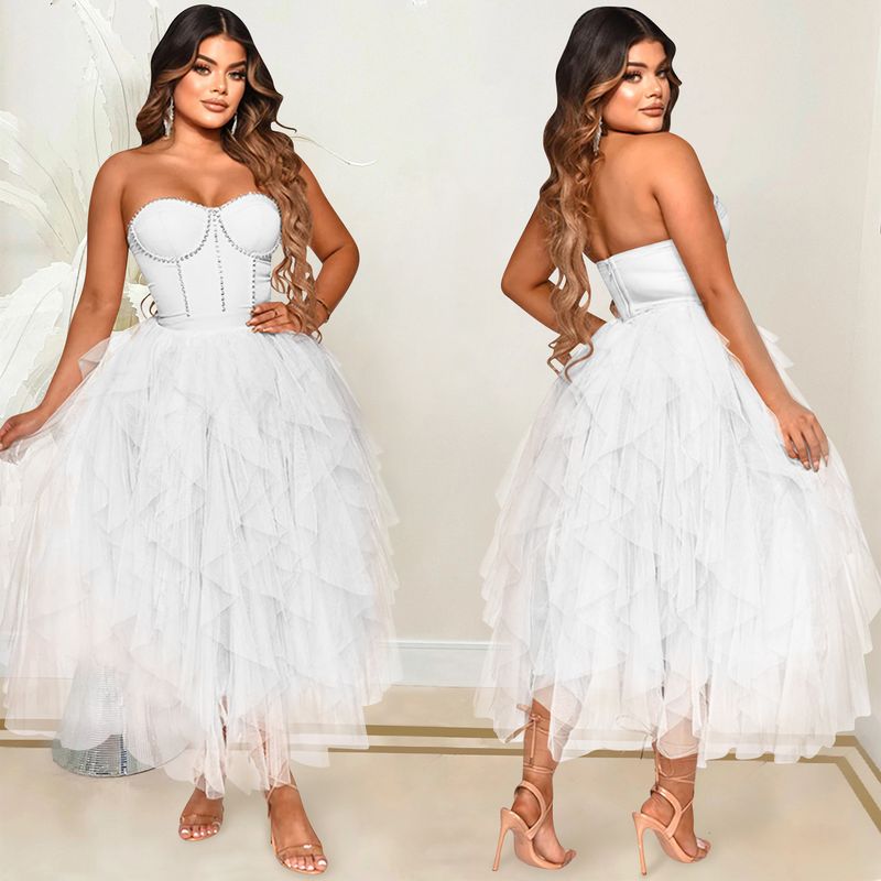Îmbrăcăminte pentru femei, culoare solidă, fierbinte, cu diamant, tub, top, pufos, plasă, rochie, îmbrăcăminte pentru femei_voghion.com
