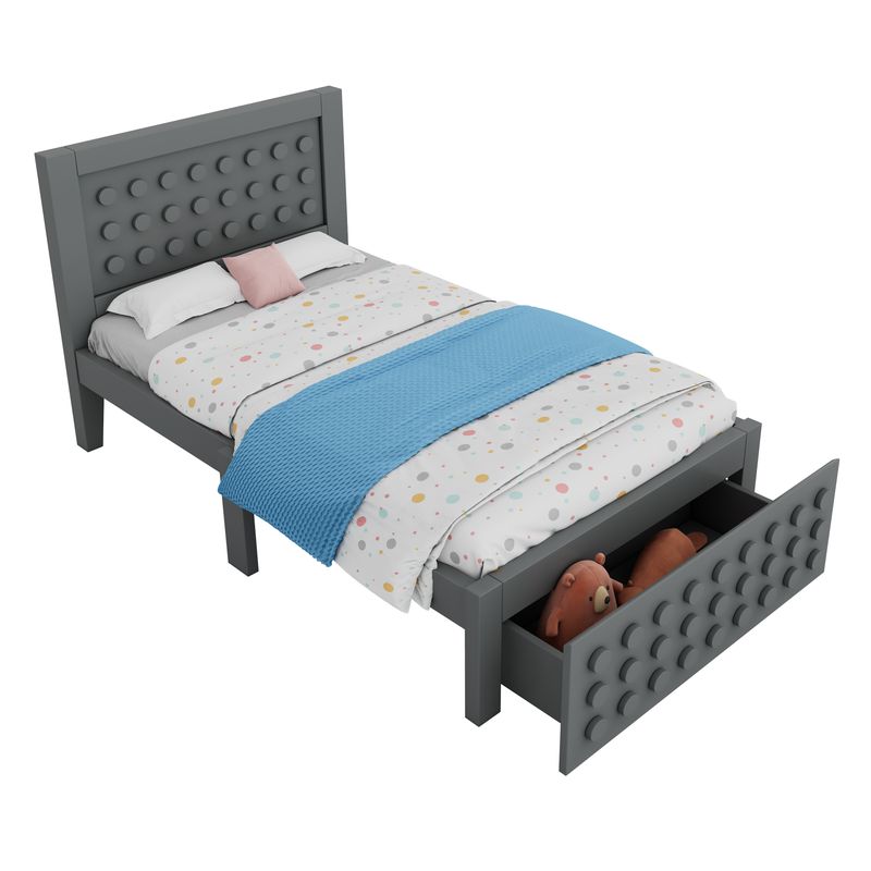 Holzbett 90x200cm mit Blockdesign, Massivholz, Schubladen, Grau_voghion.com