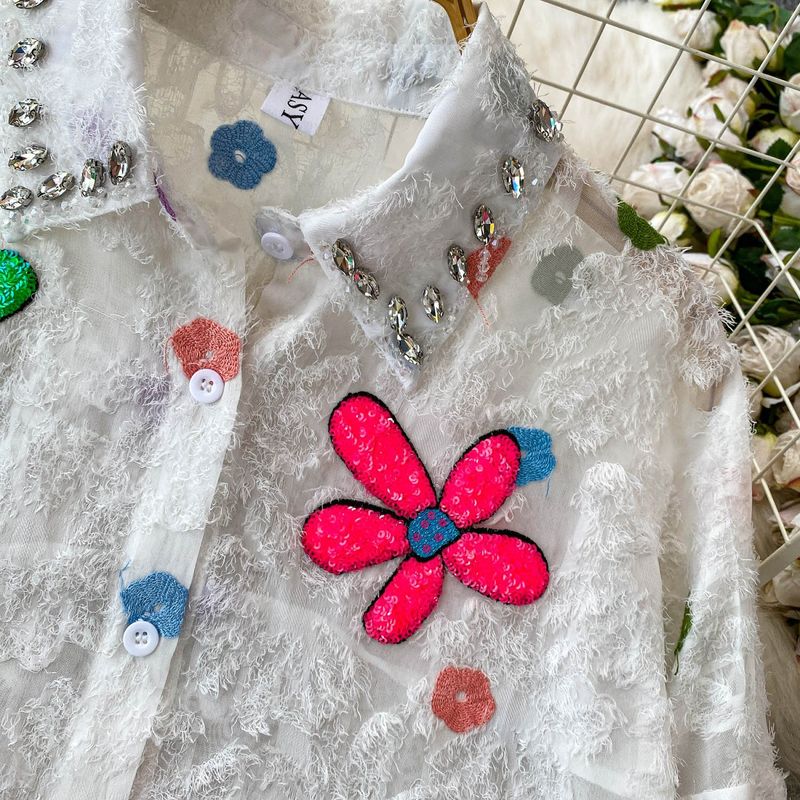 Elegant Embroidered Floral Blouse With Rhinestones & Fringe – Loose Fit Lantern Sleeve Top For Women, Sweet & Stylish Summer Office Wear_voghion.com