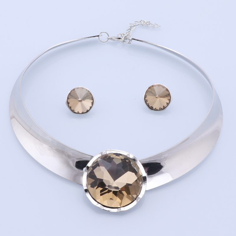 Mode Bib Kraag Kristallen Hanger Chunky Choker Zilveren Ketting Oorbel Vrouwen Partij Bruiloft Sieraden Sets_voghion.com
