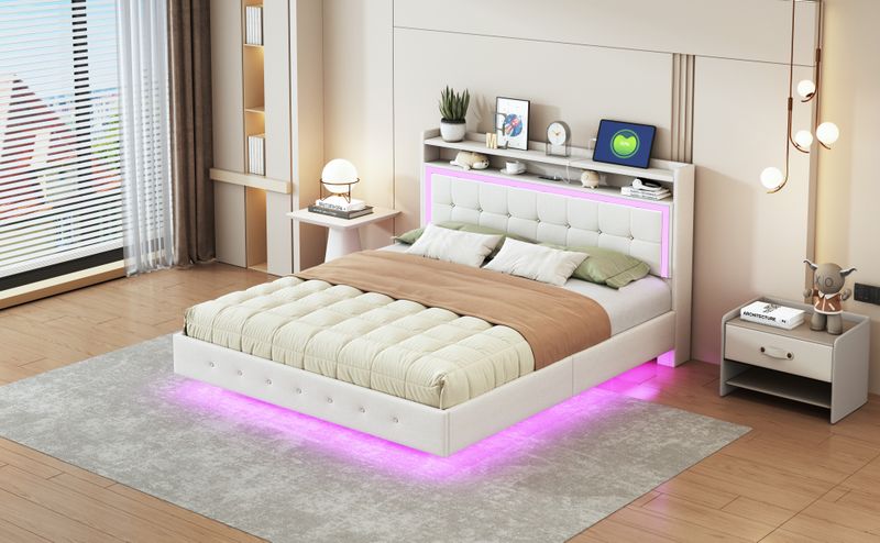 Polsterbett 160x200cm Con USB, LED, Fuochi Versteckten, Leinenstoff Beige_voghion.com