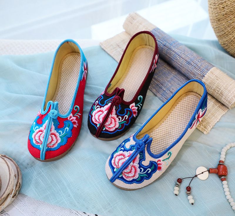 Flache Kuhsehnen-Weichsohlen, bestickte Stoff-Mama-Schuhe, dicke Füße, Damen-Einzelschuhe_voghion.com