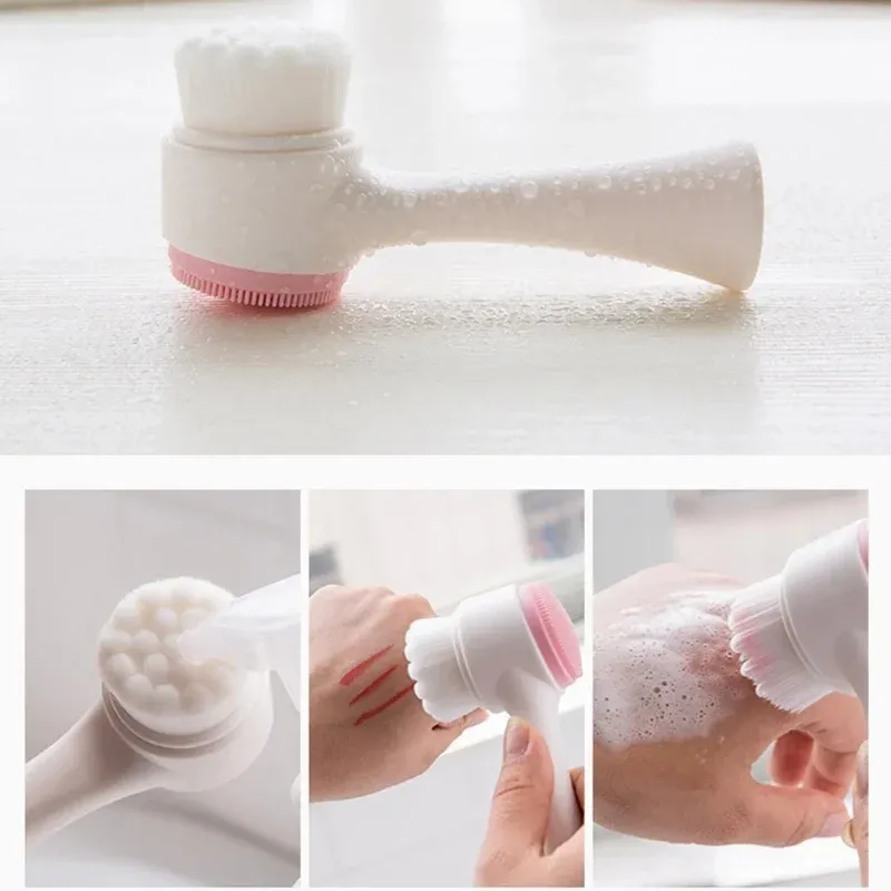 3D Double Silicone Facial Cleansing Brush Manual Massage Facial Brush Soft Bristles Exfoliator Double Sided Face Wash Brush_voghion.com