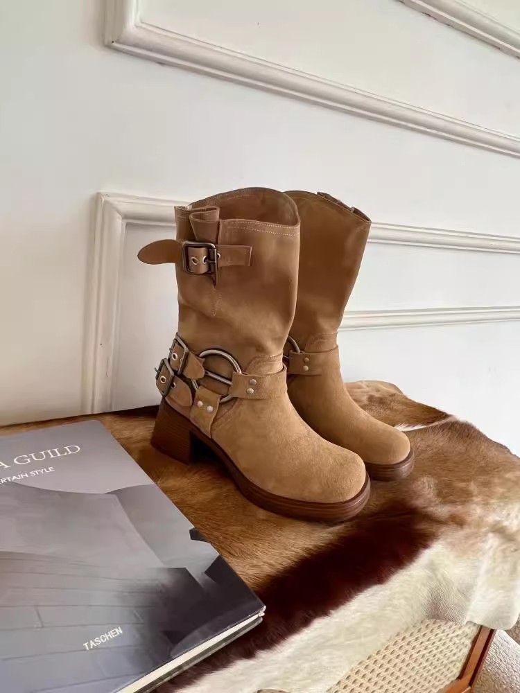 Matte Cowhide Western Cowboy Women's Genuine Leather Thick Heeled Short Boots, Square Toe Brown High Heels,_voghion.com