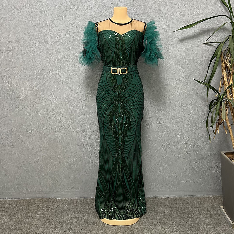 Paillettenkleid für Damen, schmal geschnittener Fischschwanz-Langrock, Bubble-Mesh-Ärmel, modische Abendgarderobe_voghion.com