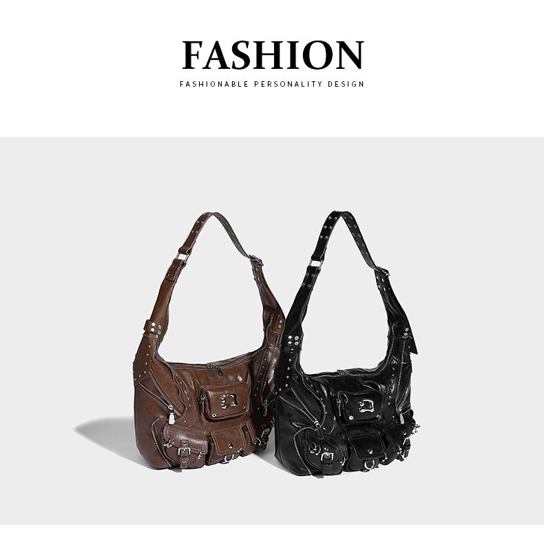 Borsa tote, design di nicchia, grande capacità, elegante borsa a forma di gnocco, stile motociclista scuro, borsa a tracolla con rivetti neutri. Mostra la tua personalità._voghion.com