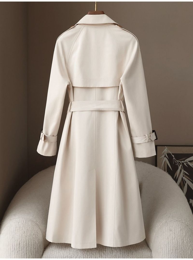 Women's Slim Fit Long Trench Coat With Double Breasted Buttons, British-Inspired Design, Mid-Weight Cotton Blend, Elegant & Versatile For Work_voghion.com