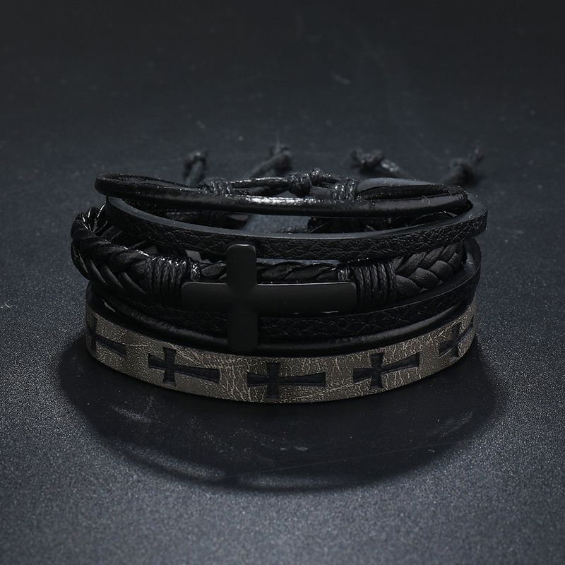 Bracciale da uomo in pelle intrecciata multistrato, semplice, con accessori a croce, in due pezzi_voghion.com