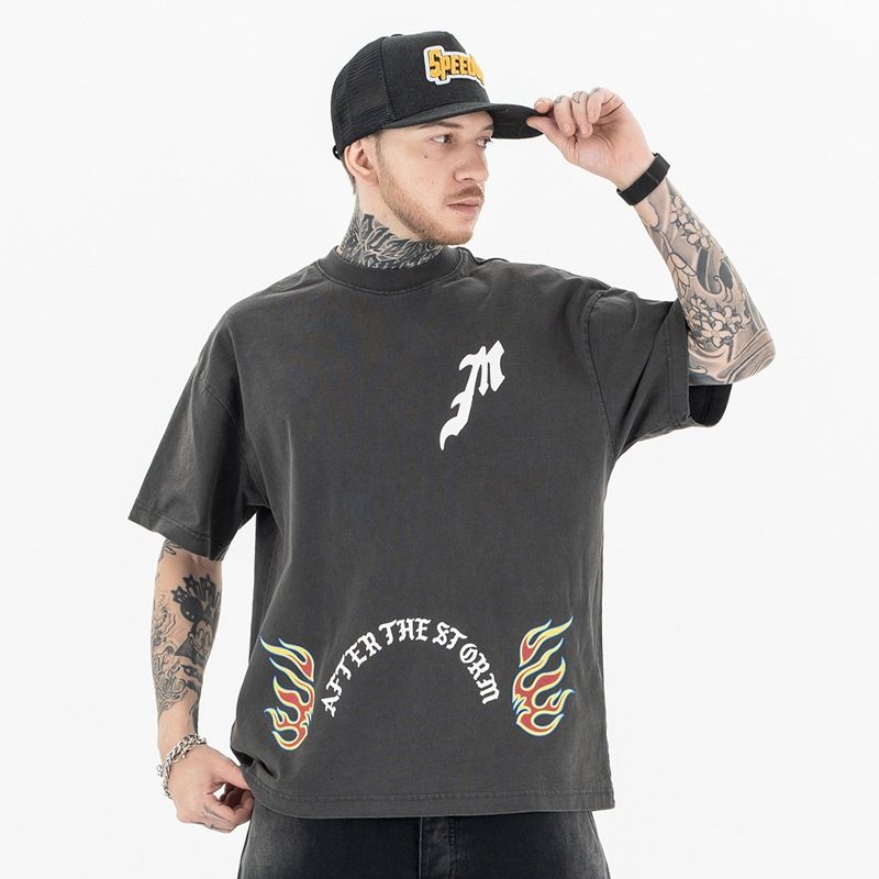 Unbeatable Quality Lanhai Men's 2025 Spring/Summer New Product Flat Replacement Flame Text Washed Short Sleeve T-shirt For Men_voghion.com