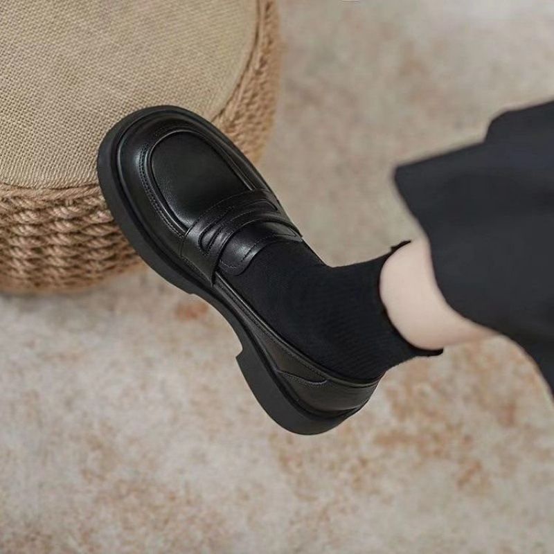 Schwarze Loafer mit dicker Sohle für Damen im britischen Stil, bequeme Slip-On-Lederschuhe, vielseitig für Vorstellungsgespräche, Arbeit und_voghion.com