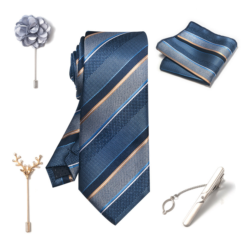 Set da uomo alla moda in tinta unita a righe con anacardi, confezione regalo da 6 pezzi, set con corsetto con fermacravatta e sciarpa quadrata_voghion.com