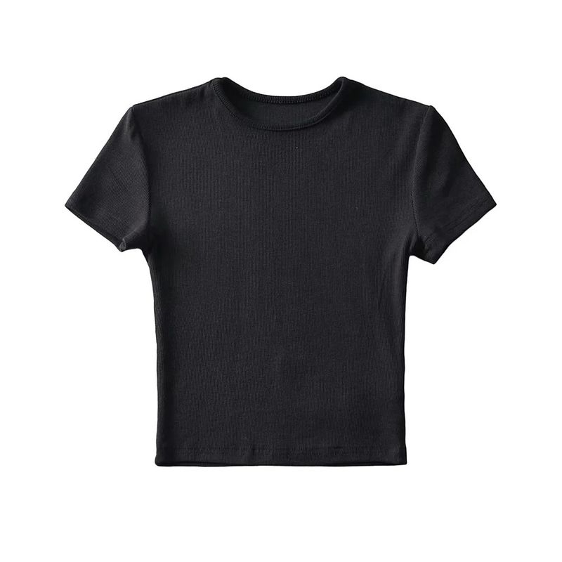 Maglietta corta da donna, vestibilità attillata, taglio con ombelico scoperto, manica corta, cotone filato, scollatura piccola elastica,_voghion.com