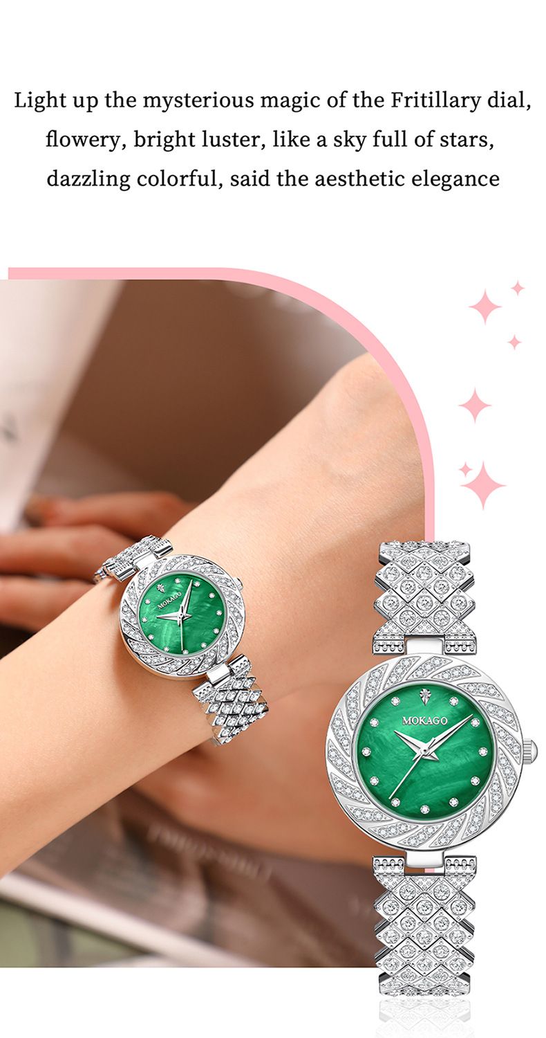 Women's Elegant Waterproof Quartz Watch With Mother-of-Pearl Dial And Diamond Accents, Minimalist Round Wristwatch For Daily Wear_voghion.com