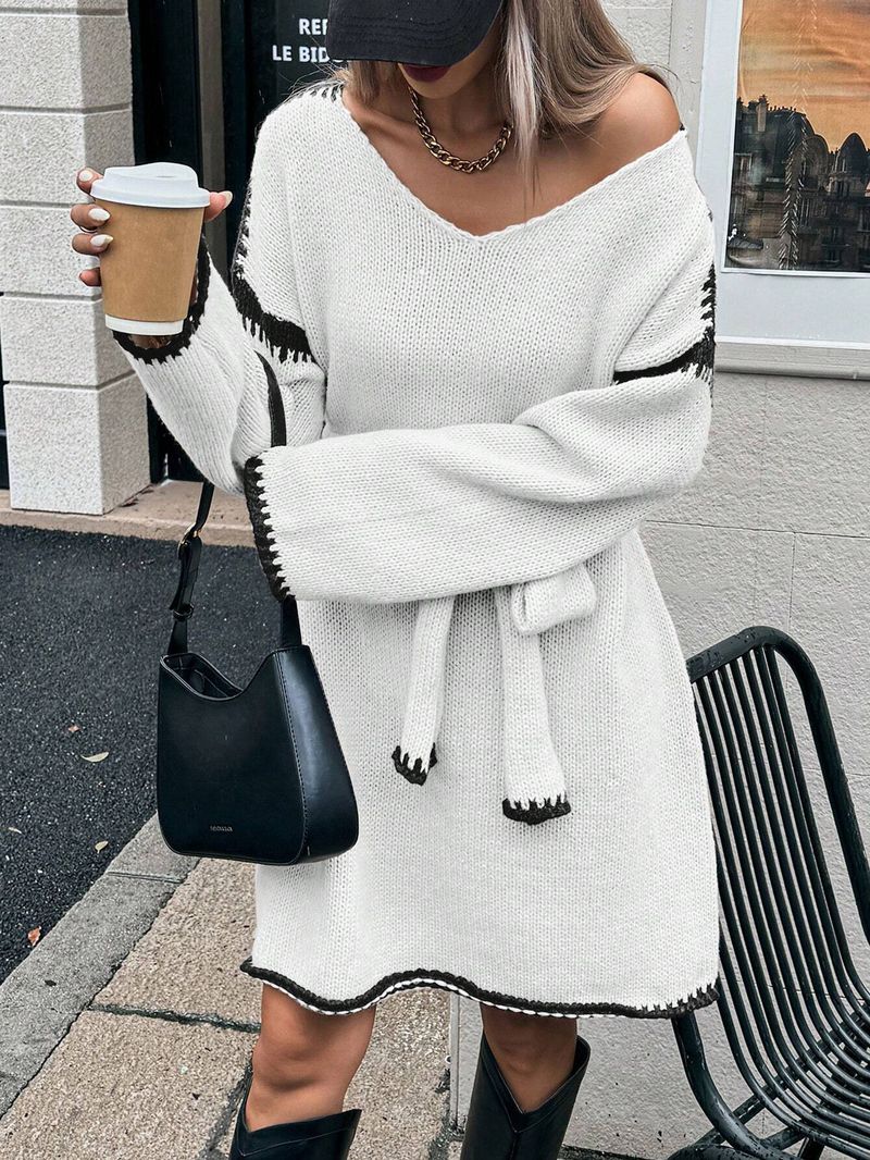 Robe en maille oversize à col en V et ceinture ajustable – Robe longue bohème à manches longues pour l'automne_voghion.com