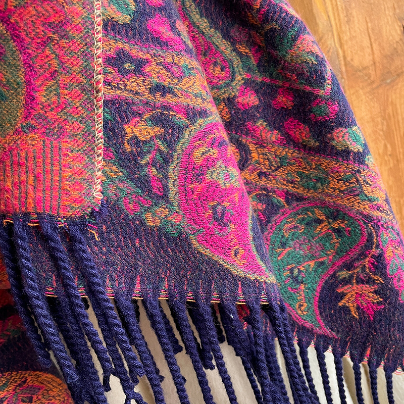 Sciarpa da turismo con fiori e frutta in stile etnico autunnale e invernale, da donna, in jacquard, con nappa, extra lungo, spesso_voghion.com