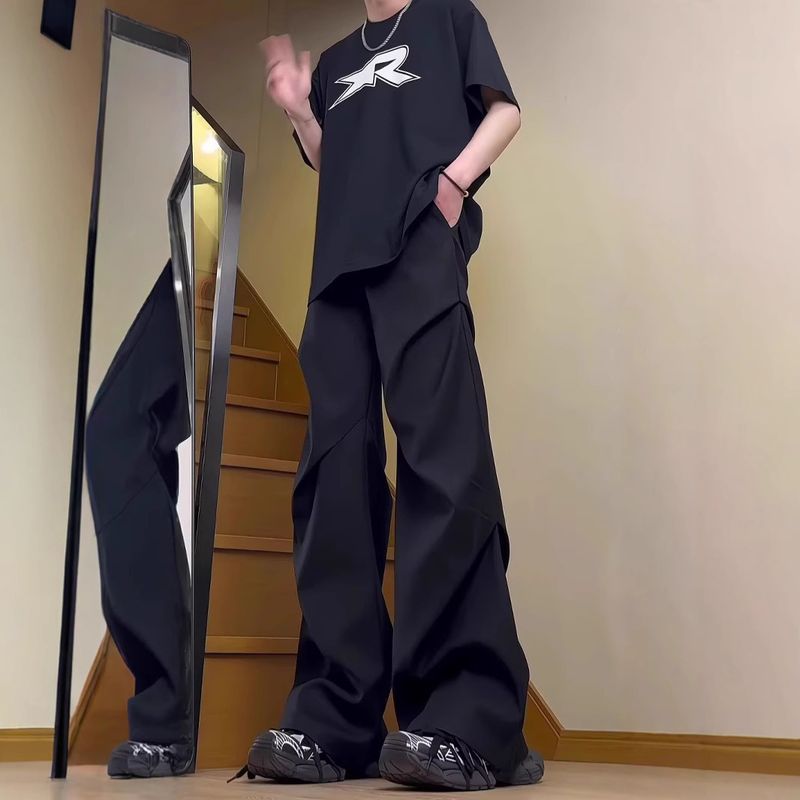 Amerikanische High-Street-Hose, plissiert, drapiert, einfarbig, Unisex, lässig, leicht ausgestellt, hochwertiges Design, Cleanfit-Hose_voghion.com