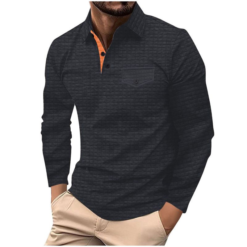 Polo sportiva da uomo a maniche lunghe con bottoni e tasca, modello scozzese, primavera-autunno_voghion.com