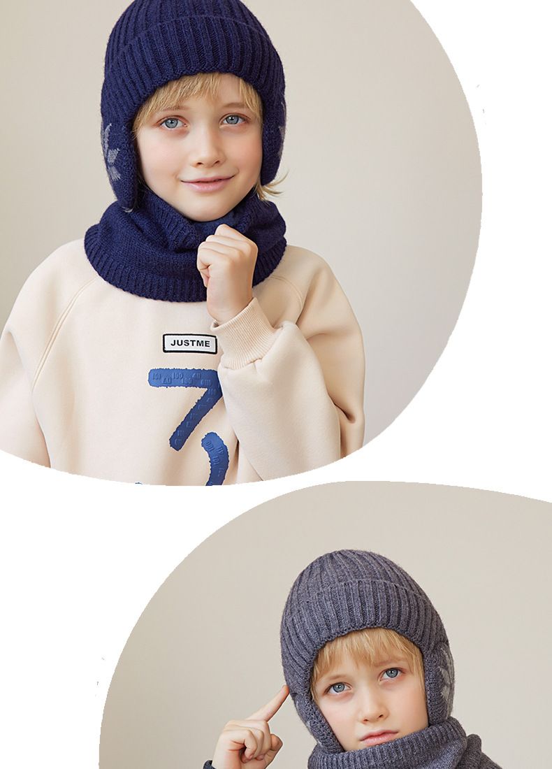 Children's Hat Winter Velvet Neck Set Knitted Wool Hat Men's and Girls' Warm Ear Protection Hoodie Head Cap_voghion.com