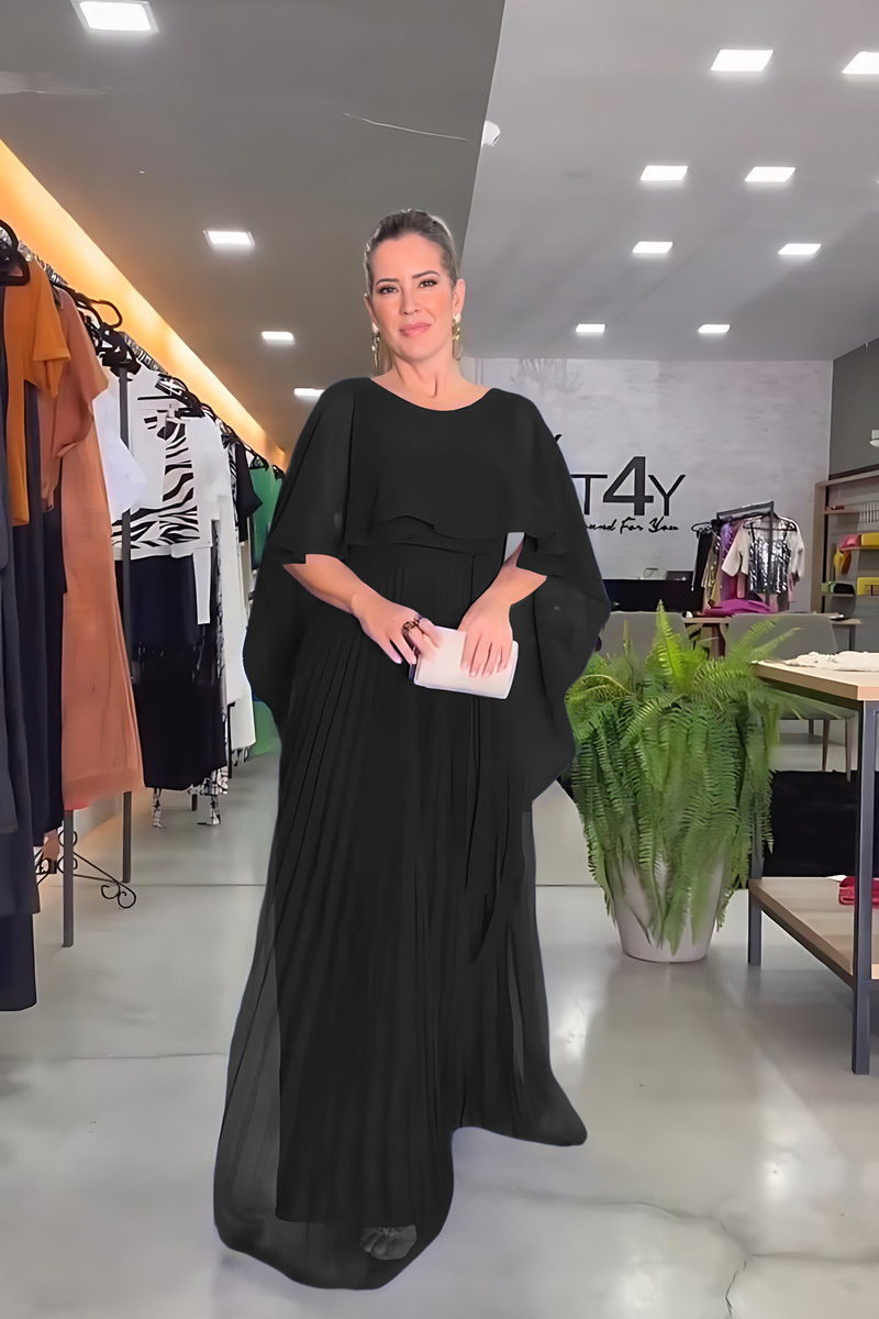 Women's solid-color shawl evening gown high-waisted chiffon pleated dress_voghion.com