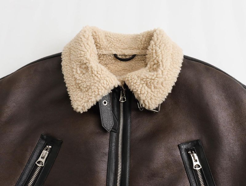 Women's Vintage Biker Jacket Faux Fur Lined Short Coat Winter Warm Zip-Up Outerwear Street Style_voghion.com