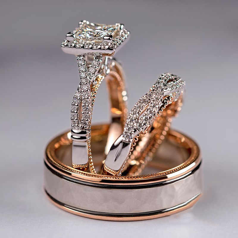 Dreiteiliger Ring Roségold Farbtrennung funkelnder Zirkonring Damen Luxus Verlobungsring_voghion.com