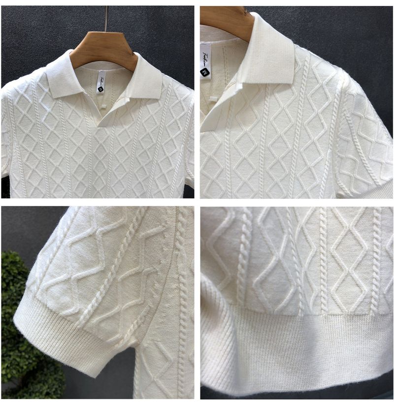 Polo da uomo in maglia testurizzata – Maglia casual a maniche corte con colletto a contrasto (M-3XL, bianco/nero/grigio/marrone, vestibilità slim e rilassata)_voghion.com