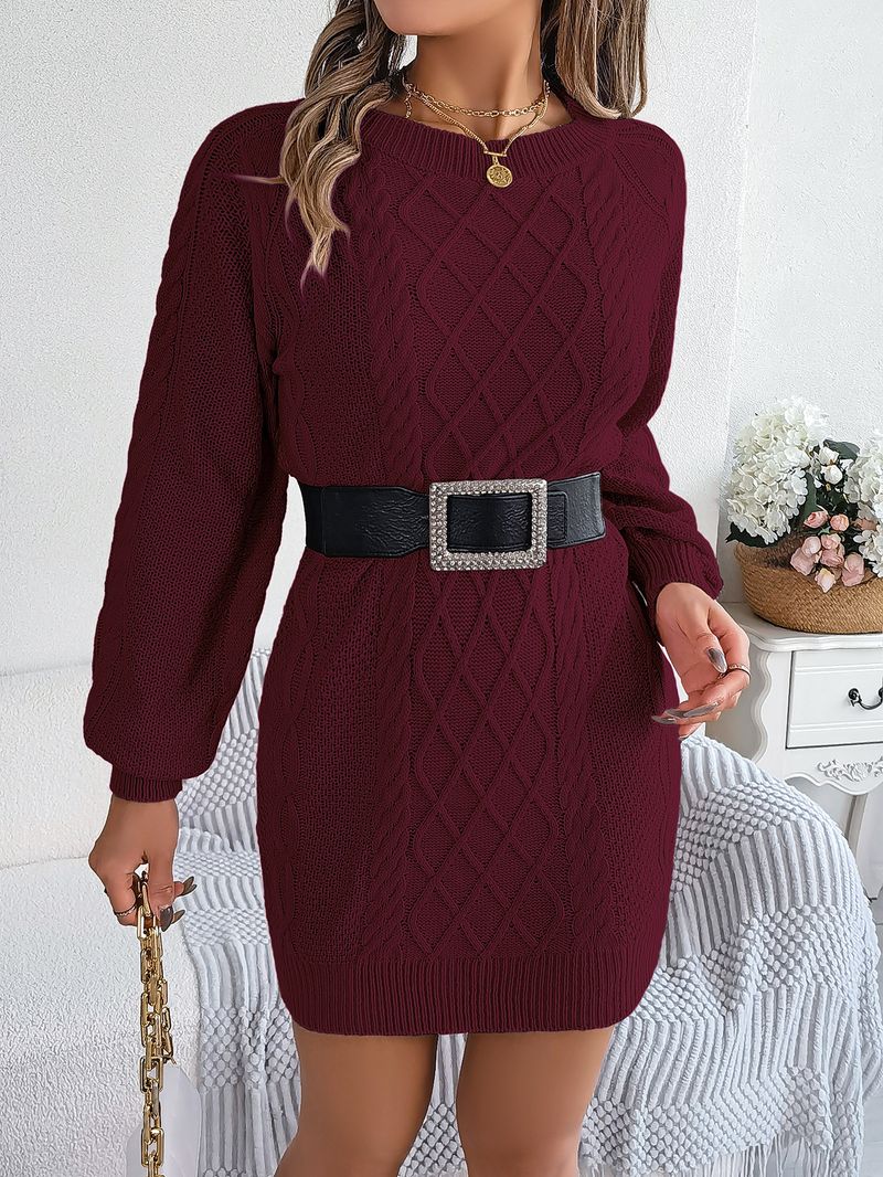 Abito in maglia a maniche lunghe con cintura in vita, tinta unita, autunno inverno 2025, moda donna_voghion.com