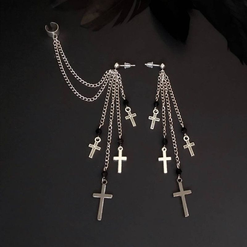 Clip per orecchini a croce con frange scure vintage_voghion.com