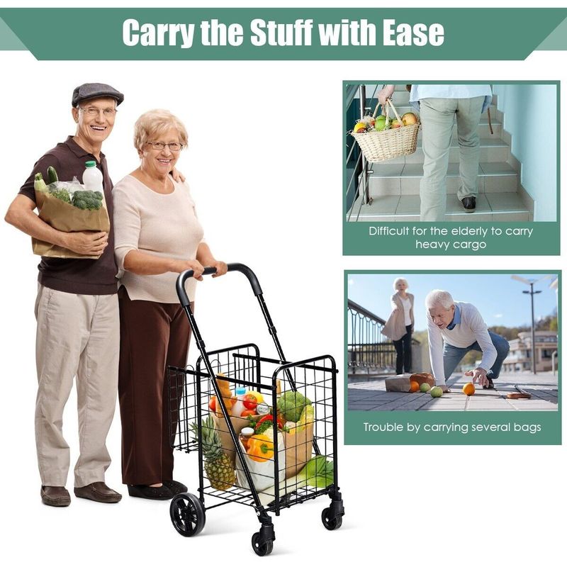 Folding Shopping Cart Portable Utility Cart Double Basket Grocery Utility Cart_voghion.com