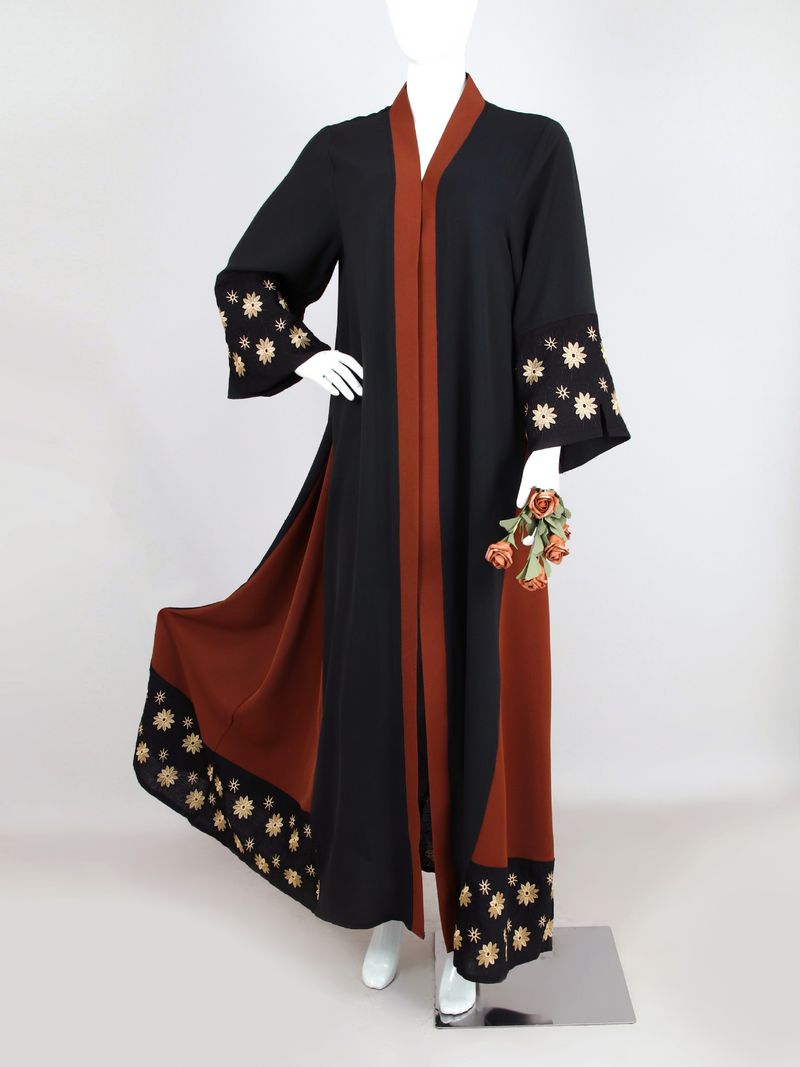 Elegante cappotto modesto ricamato – Abito lungo aperto sul davanti in stile Dubai con motivi geometrici_voghion.com