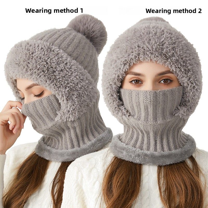 New High Elasticity Solid Color Knitted Scarf Mask One-piece Women Winter Riding Windproof Warm Hat_voghion.com