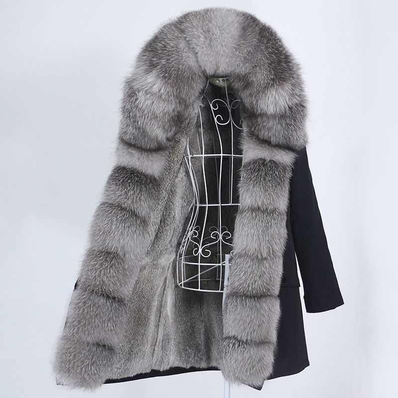Damenbekleidung Abnehmbarer Innenmantel mit Fuchspelzkragen Mittellang Modischer warmer Kapuzenmantel_voghion.com
