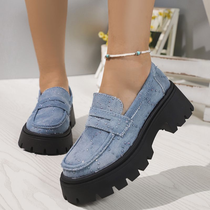 Damenschuhe mit Strasssteinen, dicker Sohle und dickem Absatz, einzelne Schuhe mit Strasssteinen, niedrigem Oberteil, bequem, Lazy One Step Loafers_voghion.com