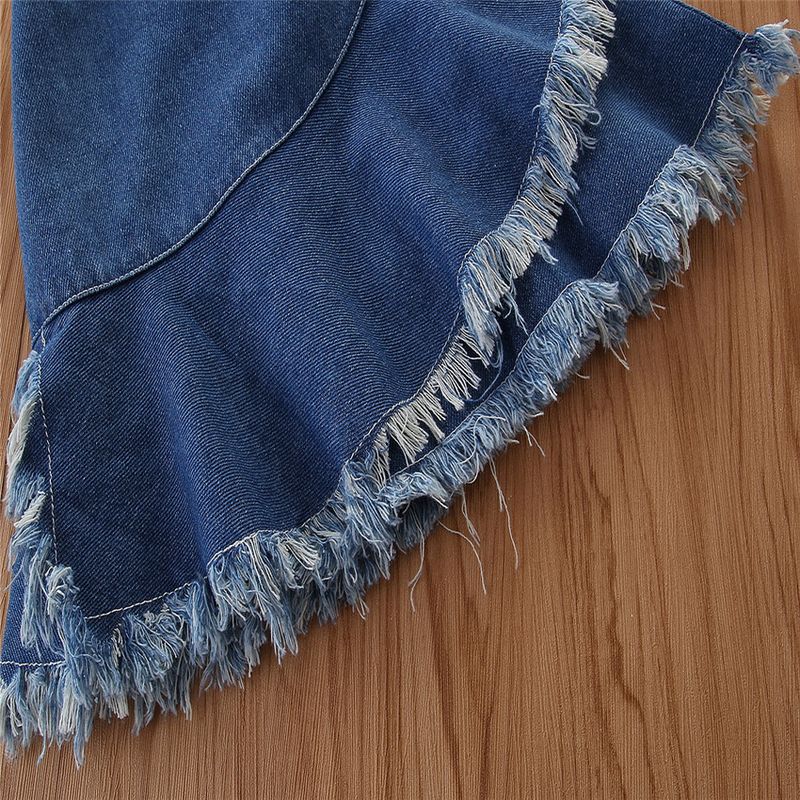 Grenzüberschreitende Kinderkleidung für Kinder im Frühlings- und Sommerstil, modischer Chiffon-One-Shoulder-Trompetenärmel-Top-Jeansrock-Mädchenanzug_voghion.com