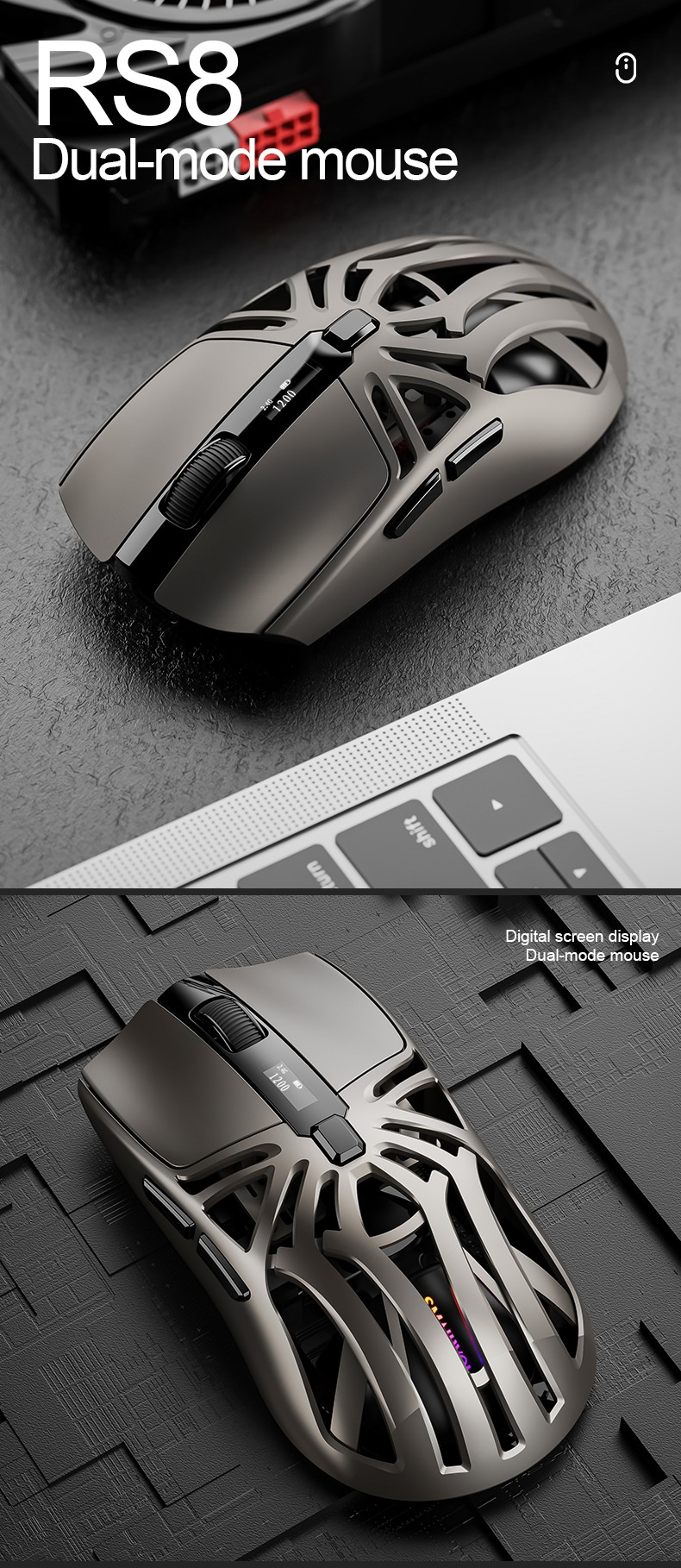 Mouse da gioco wireless Honeycomb - Leggero, 10000 DPI, tripla modalità, RGB, display digitale (2,4 G/Bluetooth/USB-C)_voghion.com