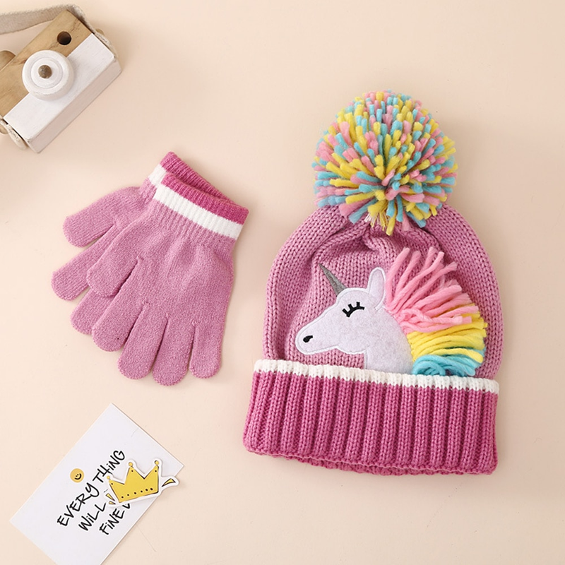 Bonés infantis unicórnio de desenho animado, chapéu de malha, luvas de inverno, gorro quente para meninas, conjunto de luvas para crianças de 2 a 6 anos_voghion.com