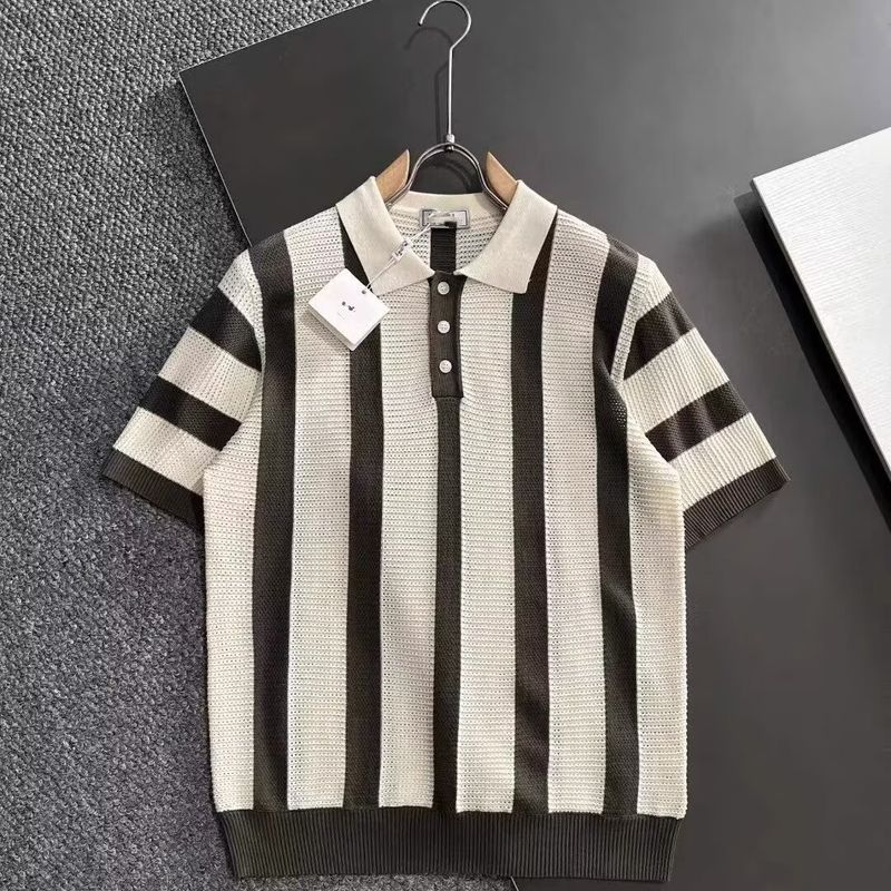 Maglietta a maniche corte a righe in maglia con risvolto a contrasto di colore, traspirante, alla moda e coordinabile._voghion.com