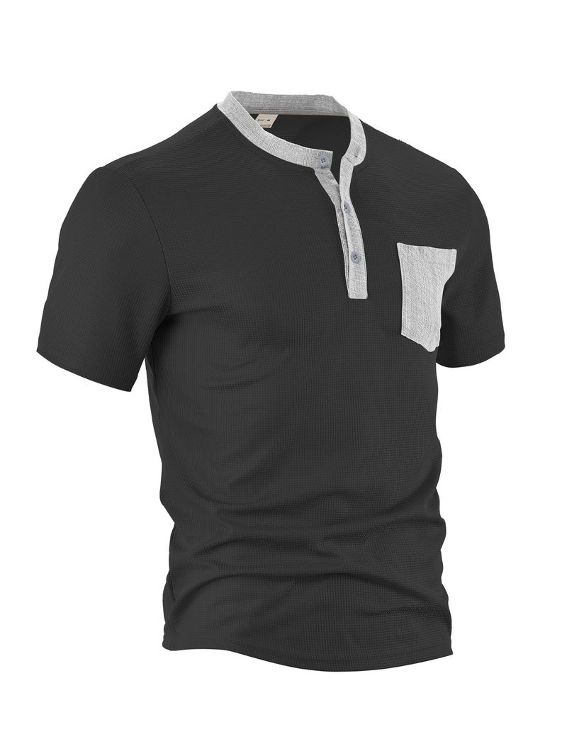 Unbeatable Quality Men's Clothing Inventory Summer New Product Machine Washable Patch Bag, Open Placket, Color Blocked Polyester Waffle_voghion.com