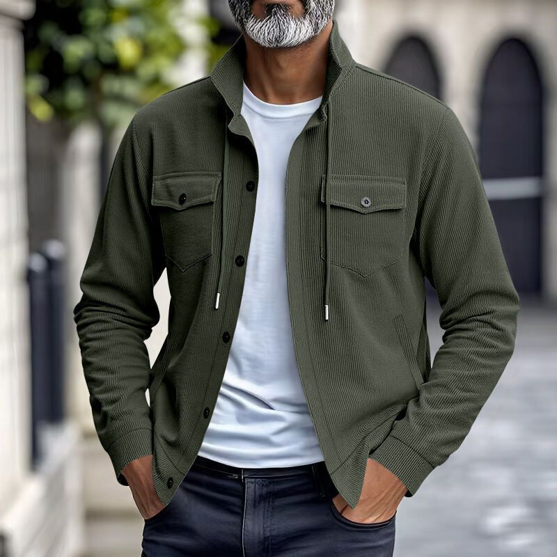 Autumn American Heavy Corduroy New Simple Versatile Multi Pocket Long Sleeved Stand Up Collar Jacket Men's Clothing_voghion.com